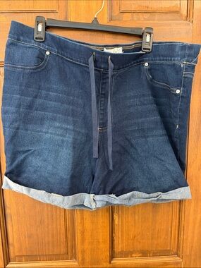 Women's Dark Blue Drawstring Rolled-Hem Jean Shorts